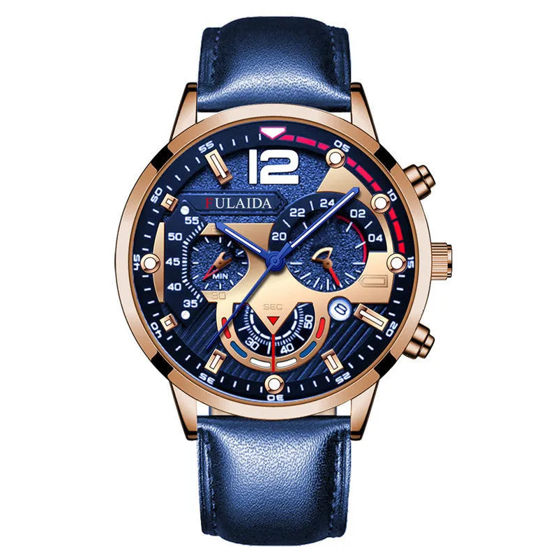 Men's casual quartz watch with calendar, genuine leather strap, rose gold buckle, alloy case, 37mm dial