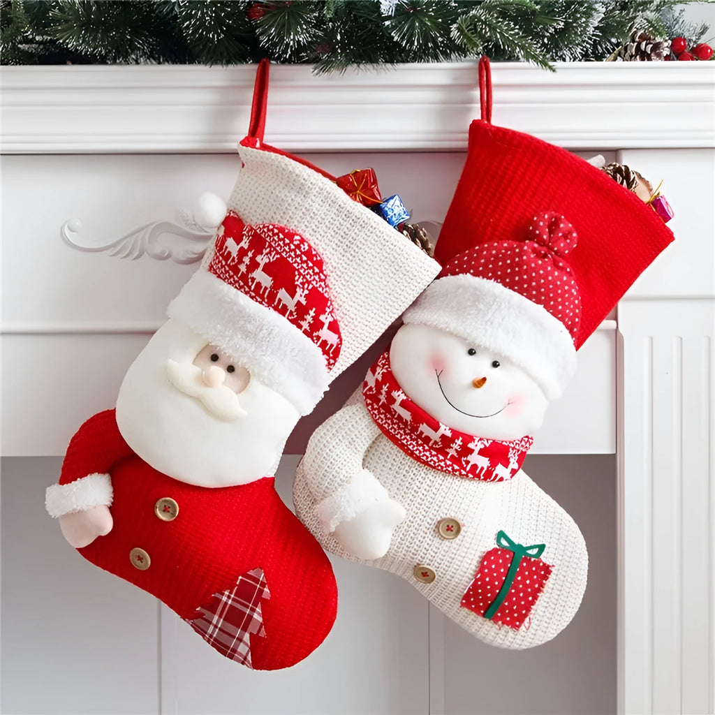 Large red and white knitted Christmas stocking with Santa Claus design for fireplace mantel decoration