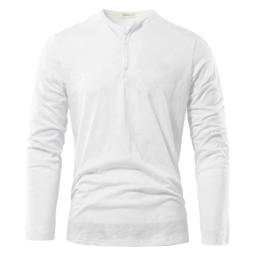 Men's solid colour casual slub cotton long-sleeved top in white, pullover style