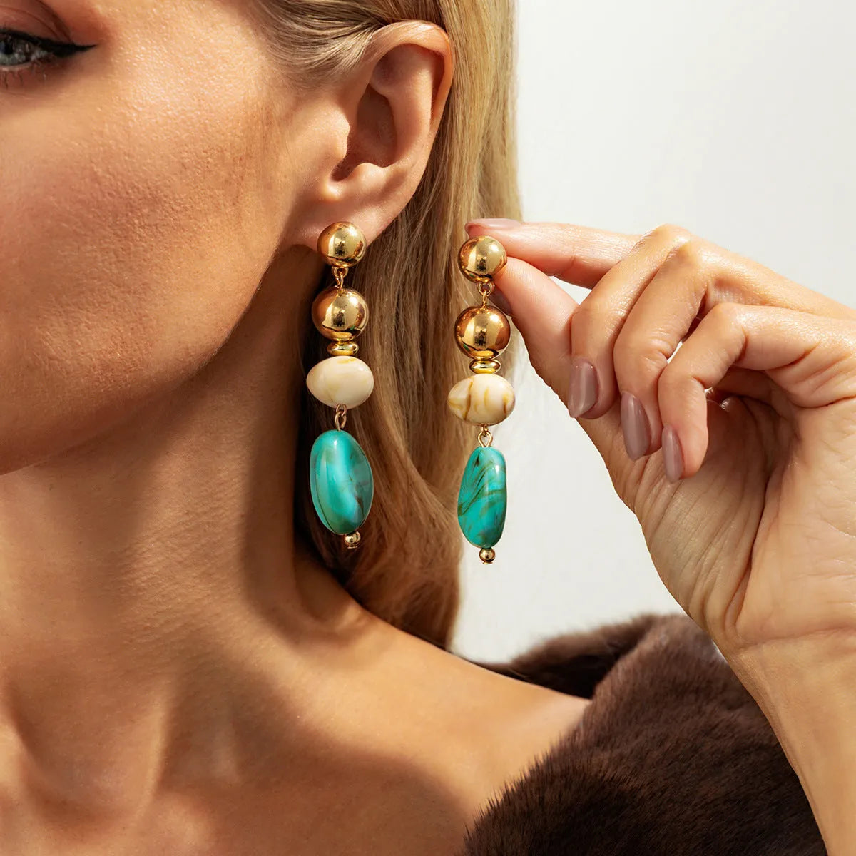 Handmade ethnic irregular CCB resin earrings gold blue geometric oval drop for women
