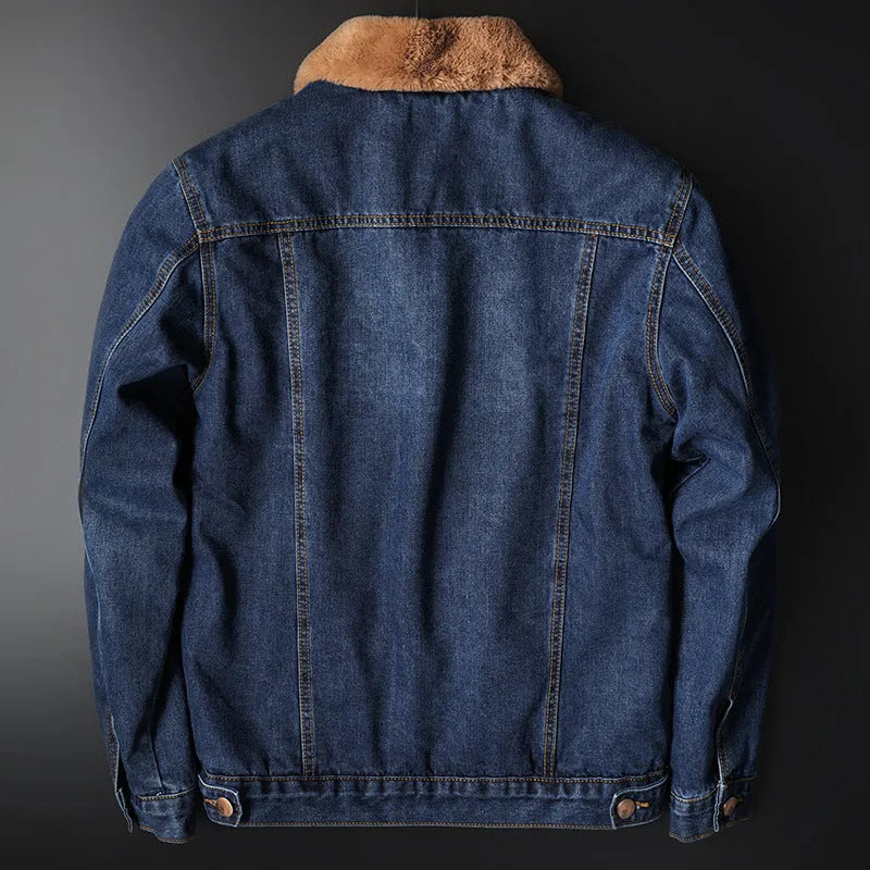 Fleece-lined denim coat jacket in blue, solid colour, regular fit, with dimensional patch pockets