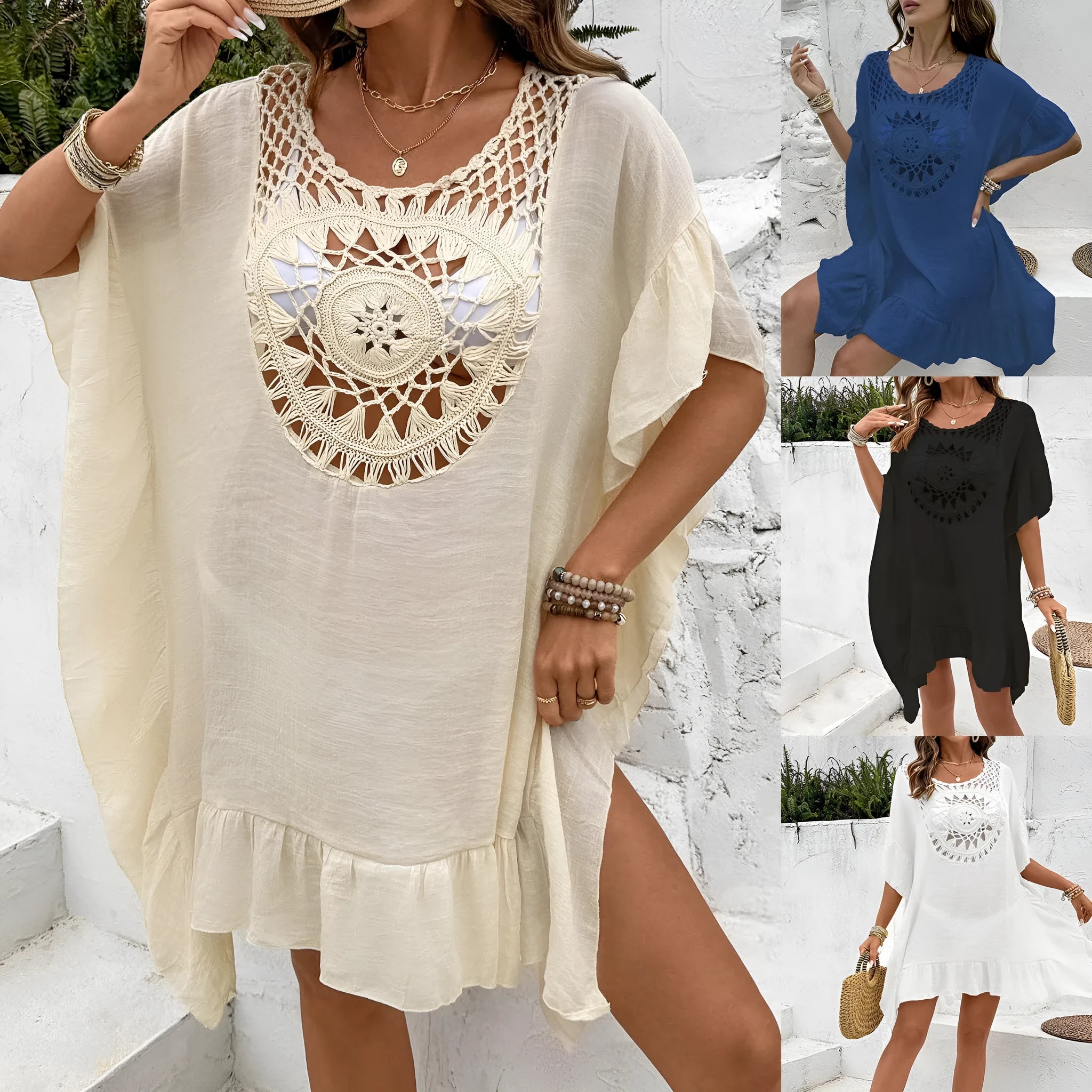 Crochet stitching detail on tassel-trim patchwork skirt beach cover-up dress in apricot colour.
