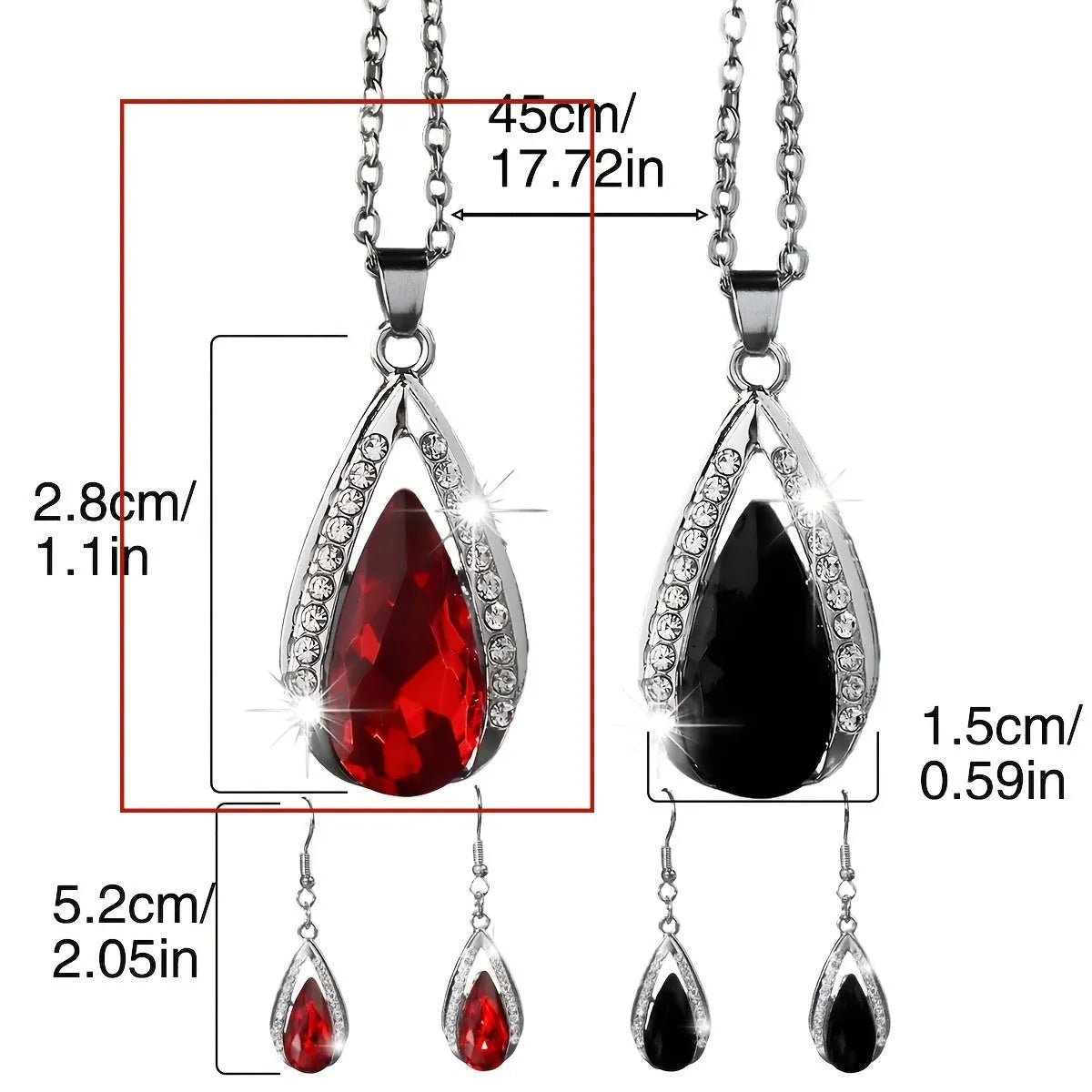 Black and red teardrop-shaped glass pendant necklace and matching earrings set laid flat.