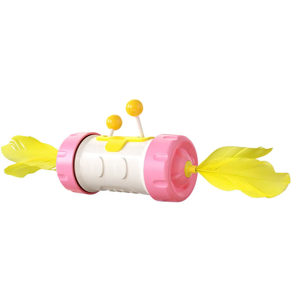 Interactive cat stick toy with blue feather ball and wobbly yellow tumbler base on a carpet.