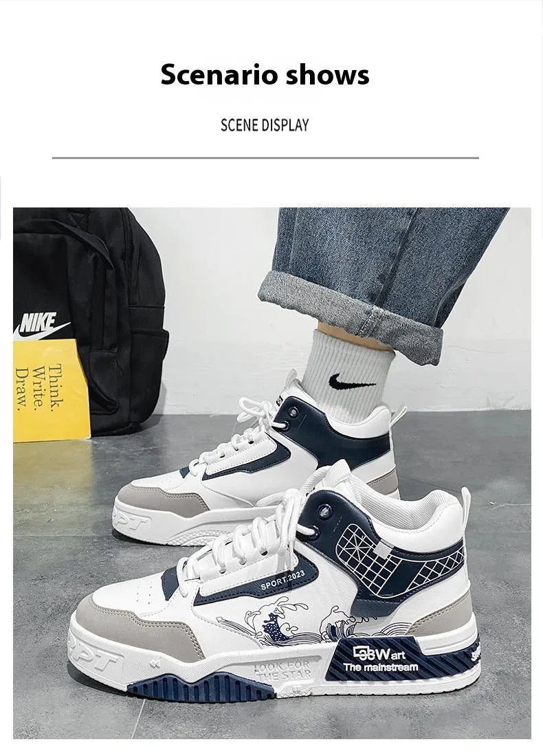 Men's beige and white high-top board shoes with mesh lining and rubber soles