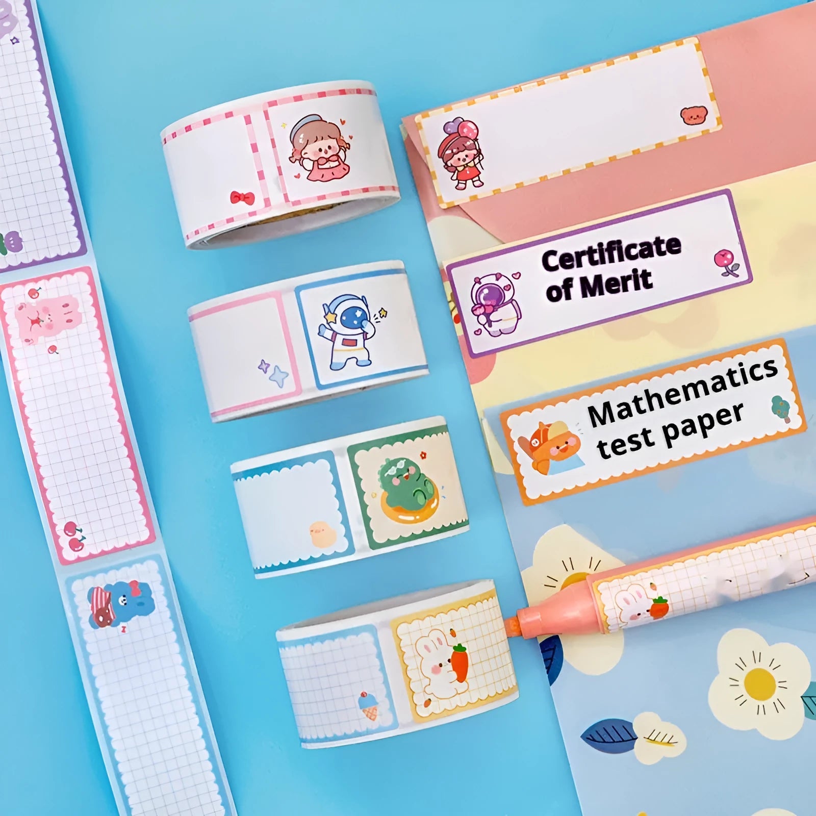 Roll of colourful cartoon name tape stickers with dinosaur and astronaut designs for labelling.