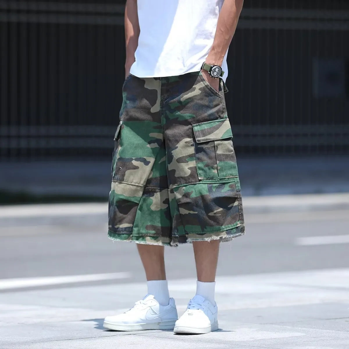 American retro workwear style camouflage shorts in loose-fit cropped design for summer wear