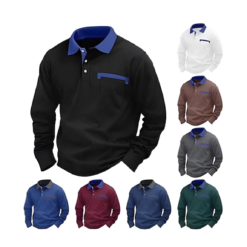 Man wearing a long-sleeved waffle-knit polo shirt in a solid colour with a loose, asymmetric retro fit.