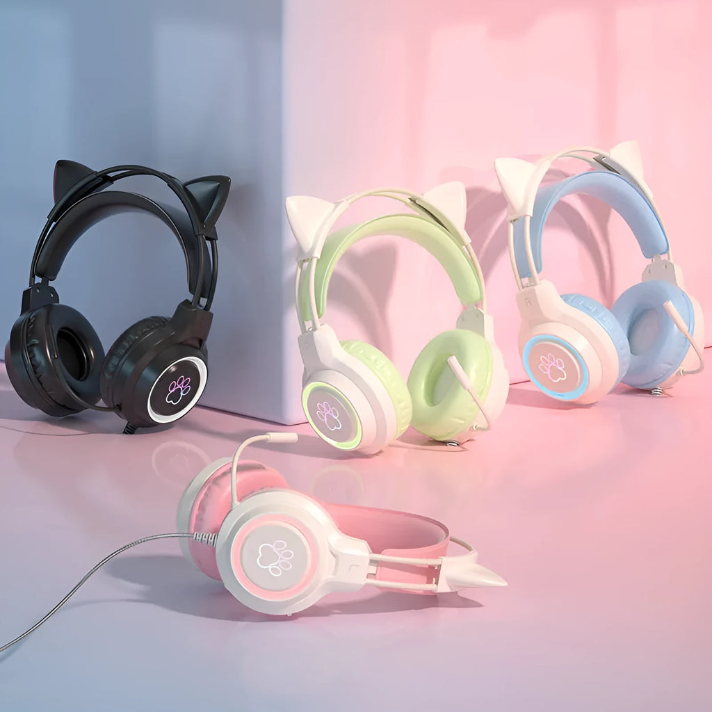 Esports cat ear gaming headset with protein cotton earmuffs and woven cable in pink colour