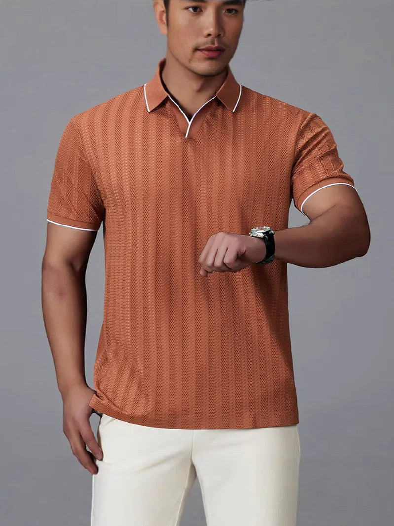 Men's loose fit polo shirt in black, white, or orange nylon ice silk fabric with short sleeves