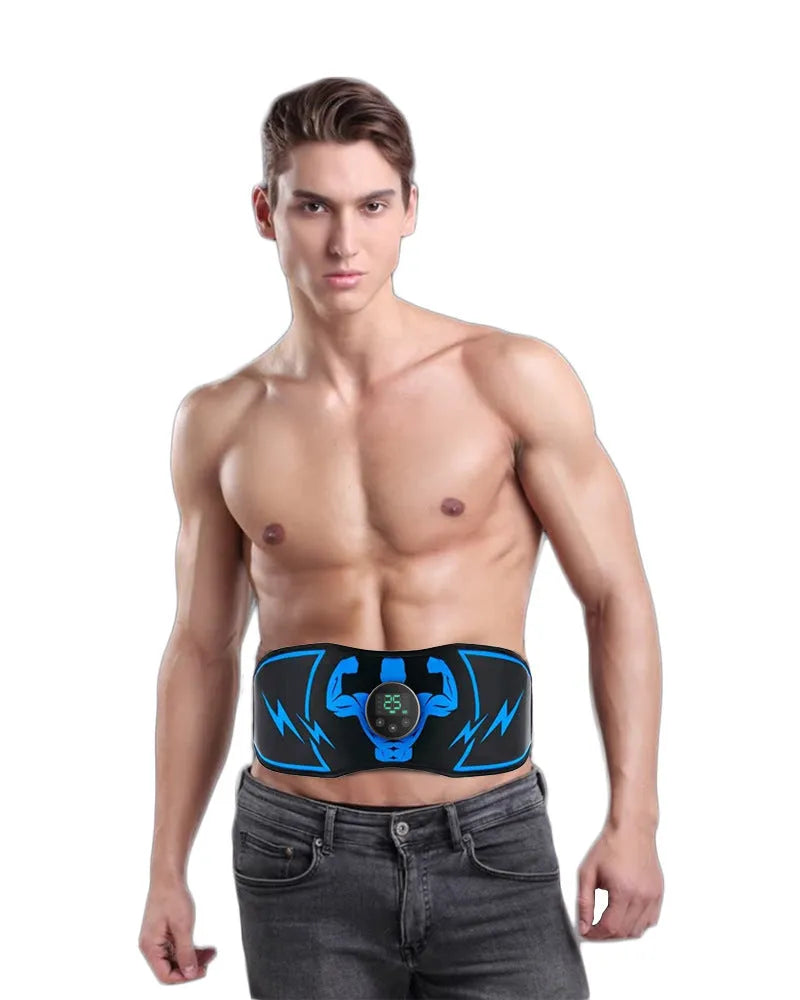 Blue EMS abdominal slimming belt with wireless remote control and electrotherapy stickers