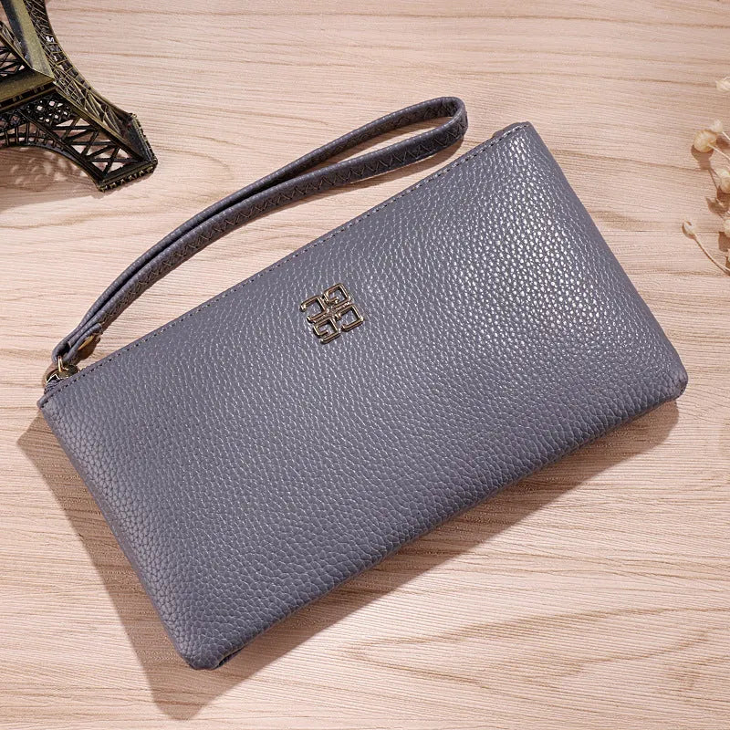 Long wine red PU leather phone wallet handbag with a silver zipper, shown open to reveal card slots and a clear ID window.