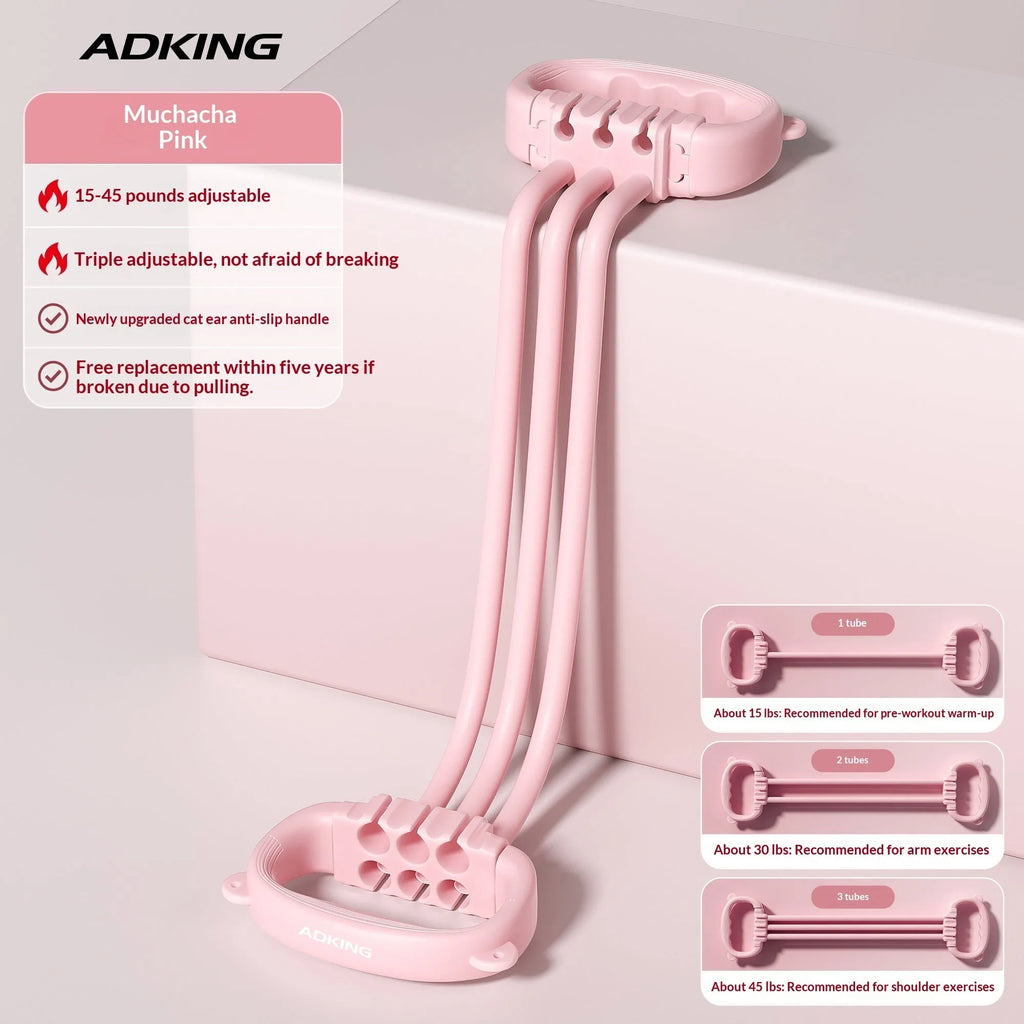 8-shaped puller resistance band for women with cat ear non-slip handle and back opener function, available in pink and purple.