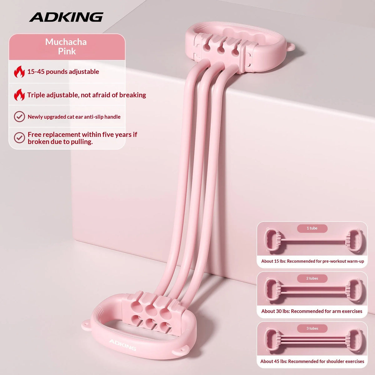 8-shaped puller resistance band for women with cat ear non-slip handle and back opener function, available in pink and purple.