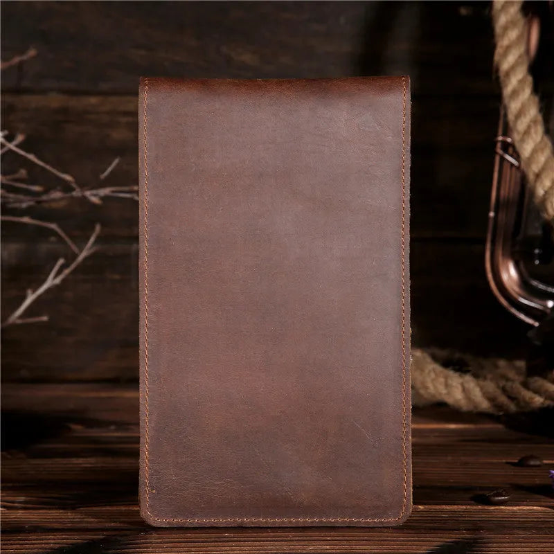 Men's long leather card wallet in crazy horse hide with 18 card slots and a phone compartment.