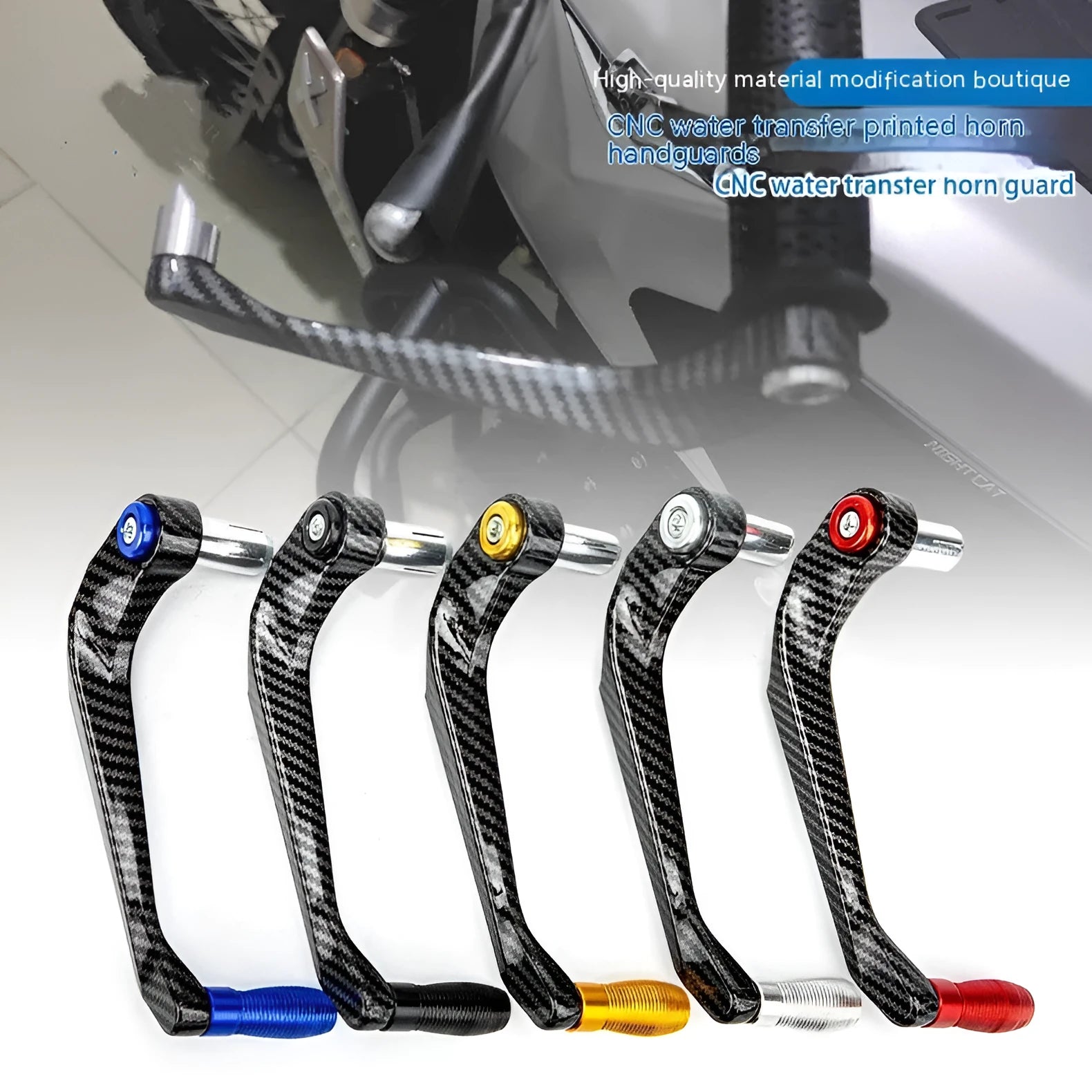 Pair of aluminium motorcycle hand guards with water transfer print in a choice of colours.