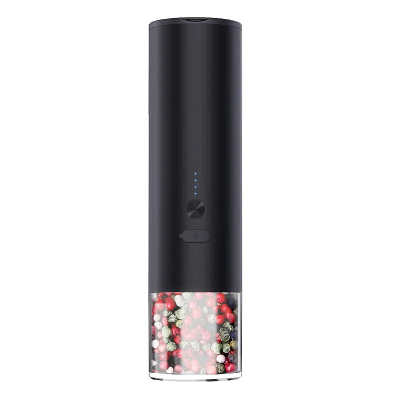 White and black electric salt and pepper grinders with USB port and clear glass jars.