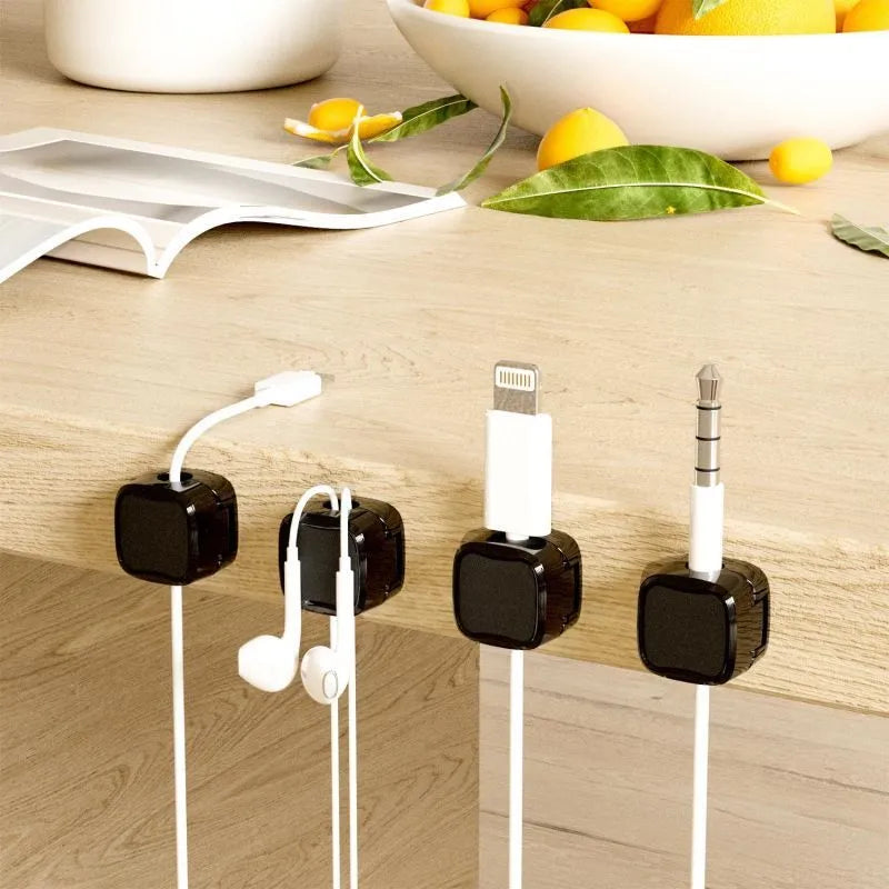 Magnetic cable clip under desk cable management organizer in black or white with adhesive backing