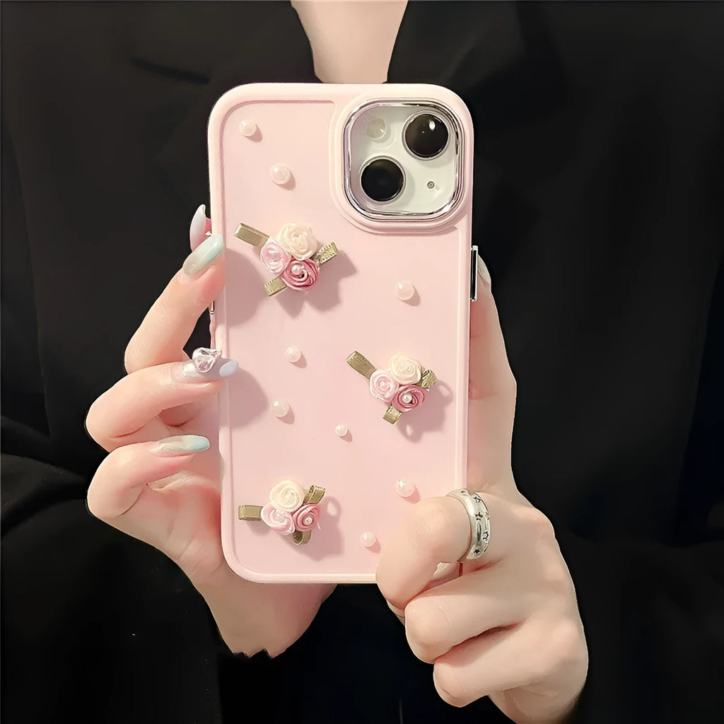 Pearl Pink silicone iPhone case with 3D pearl small flower, rhinestone, and electroplated back cover