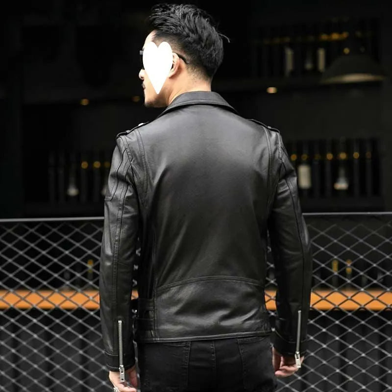 Men's black sheepskin leather jacket with lapel collar and front zip, loose fit