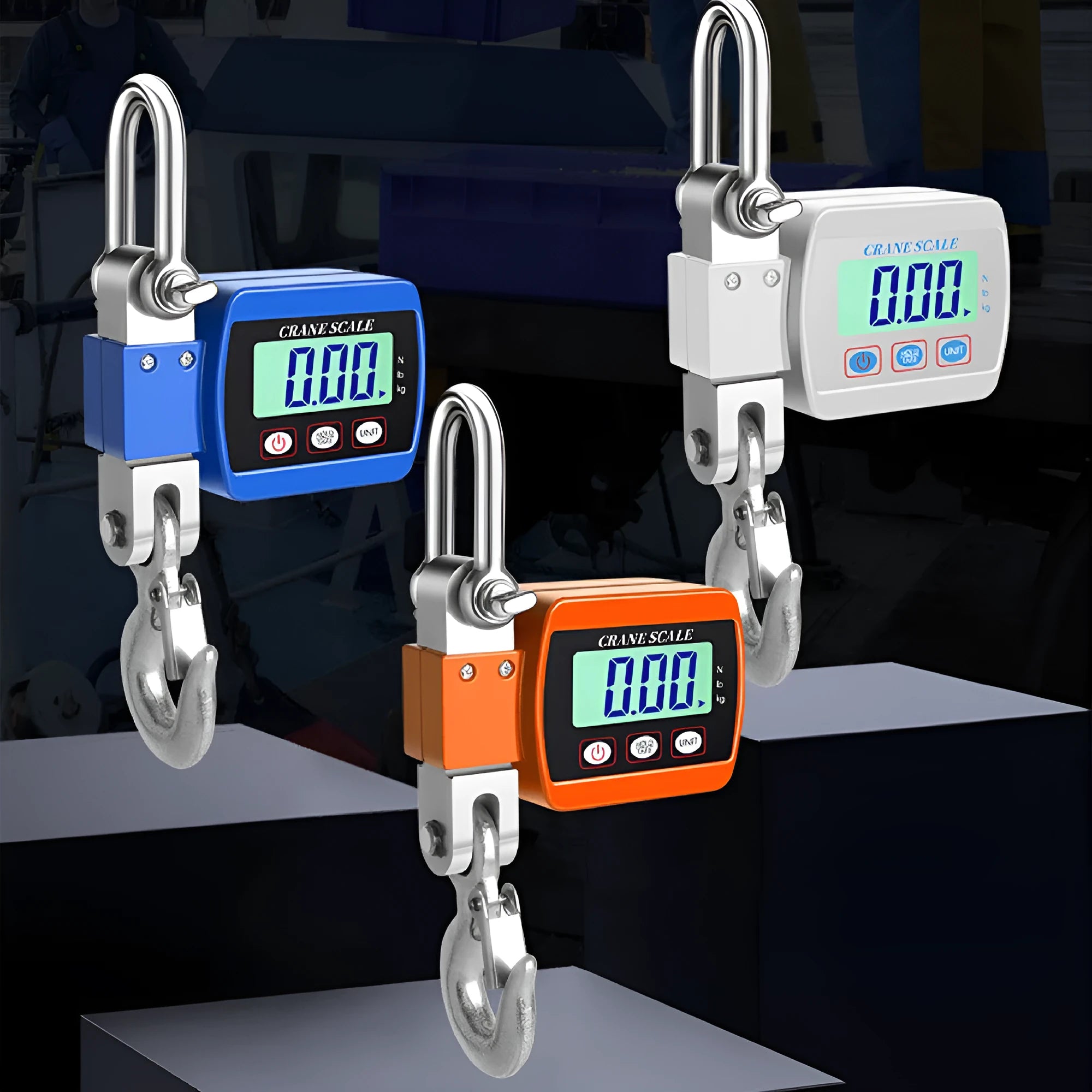 Electronic hook scale digital display with 500kg capacity in blue, orange and white colour options