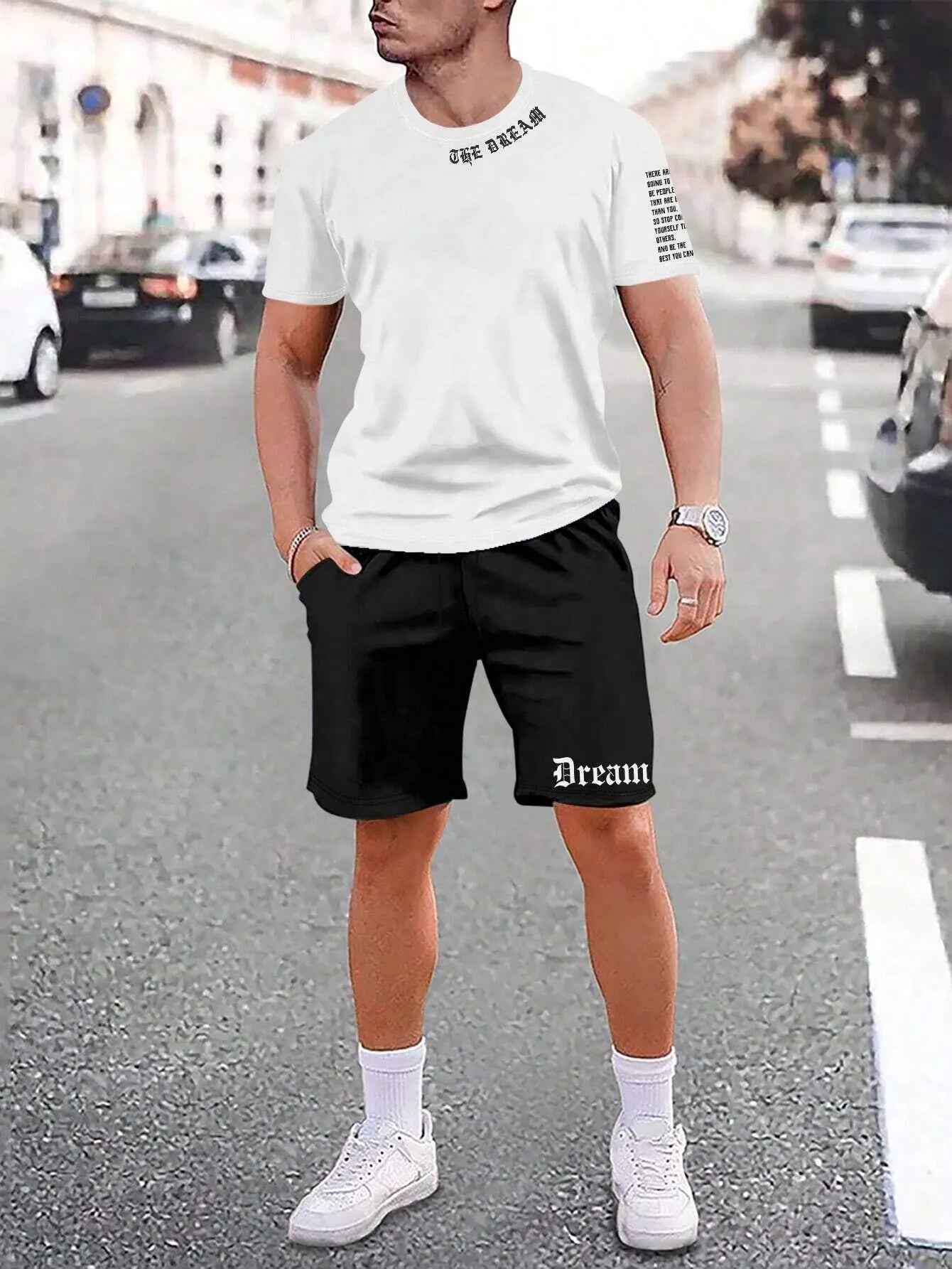 Man wearing a matching short-sleeved top and shorts from the quick-dry sports set.
