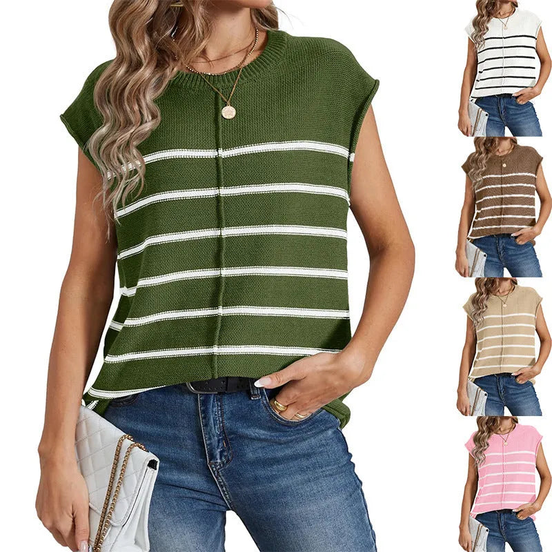 Women's striped sleeveless pullover vest in acrylic fabric on a hanger.