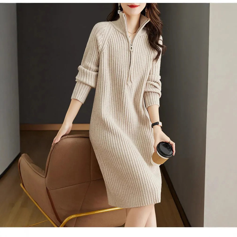 Beige woolen skirt with half zipper front and stand collar in loose casual straight dress style