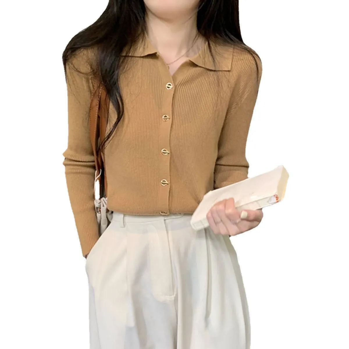 Loose fit long-sleeved knitted cardigan in viscose fibre available in beige, black, green, khaki, or oatmeal colour