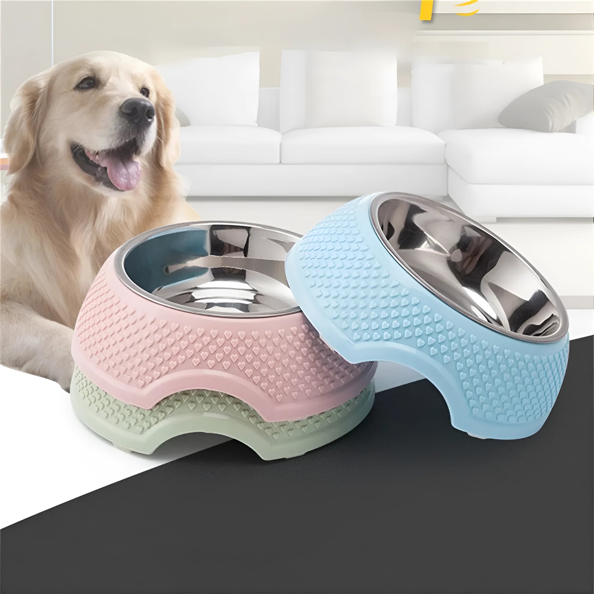 Blue stainless steel pet bowl with non-slip base for cats and small dogs