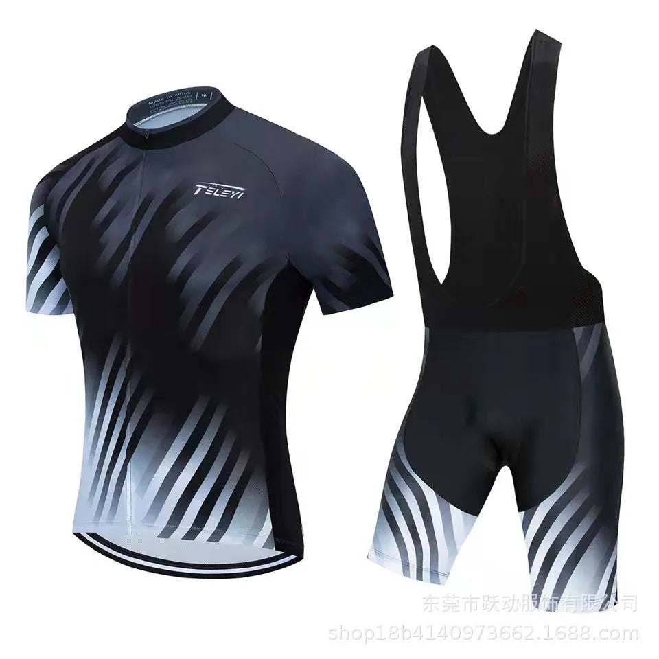 Cycling jersey and bib shorts set for men and women in a moisture-wicking fabric.