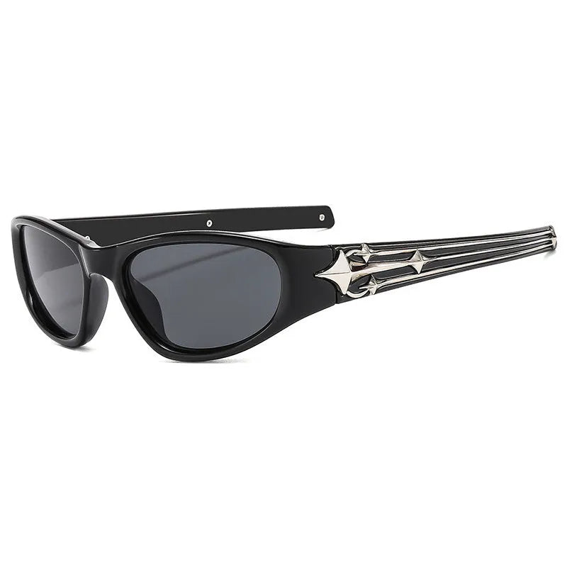 Black frame sports sunglasses with blue polycarbonate lenses on a wooden surface.
