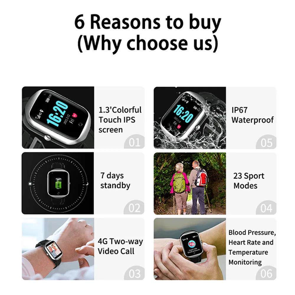 Black smartwatch for elderly with square colour screen and silicone strap, showing GPS and SOS features.