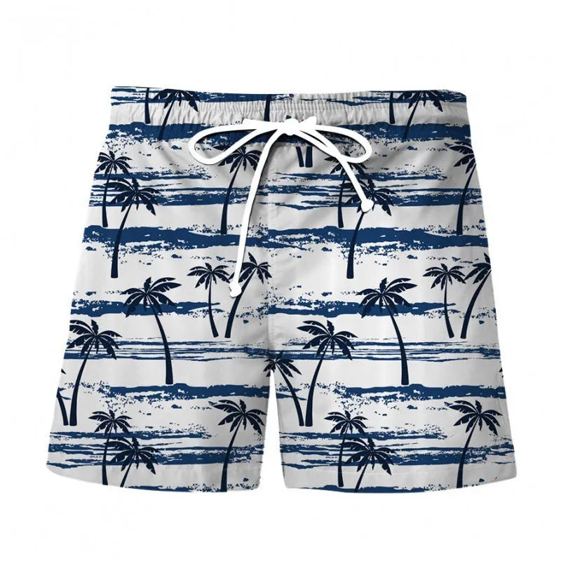 Men's 3D digital print Hawaiian-style beach shorts in polyester, front view