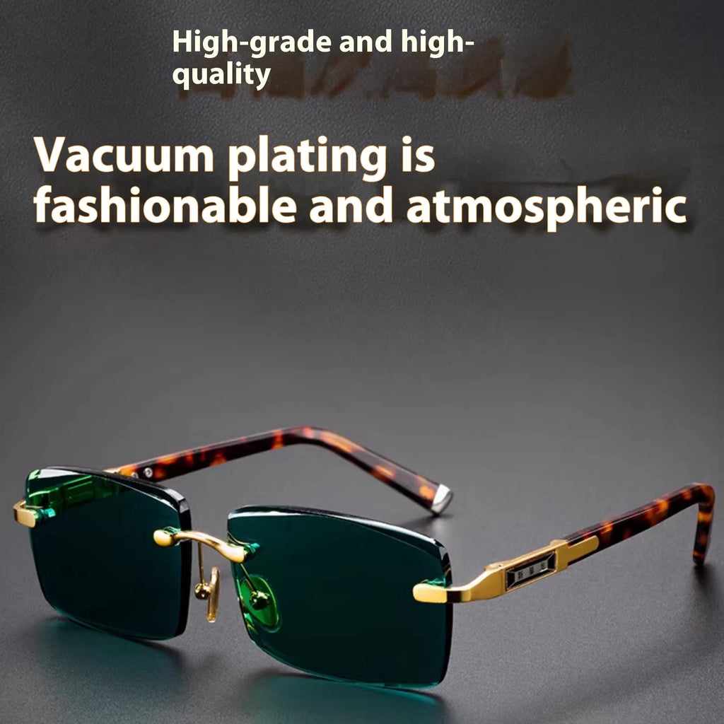Frameless dark green crystal glasses with case and lens cloth, sunshade eyewear set