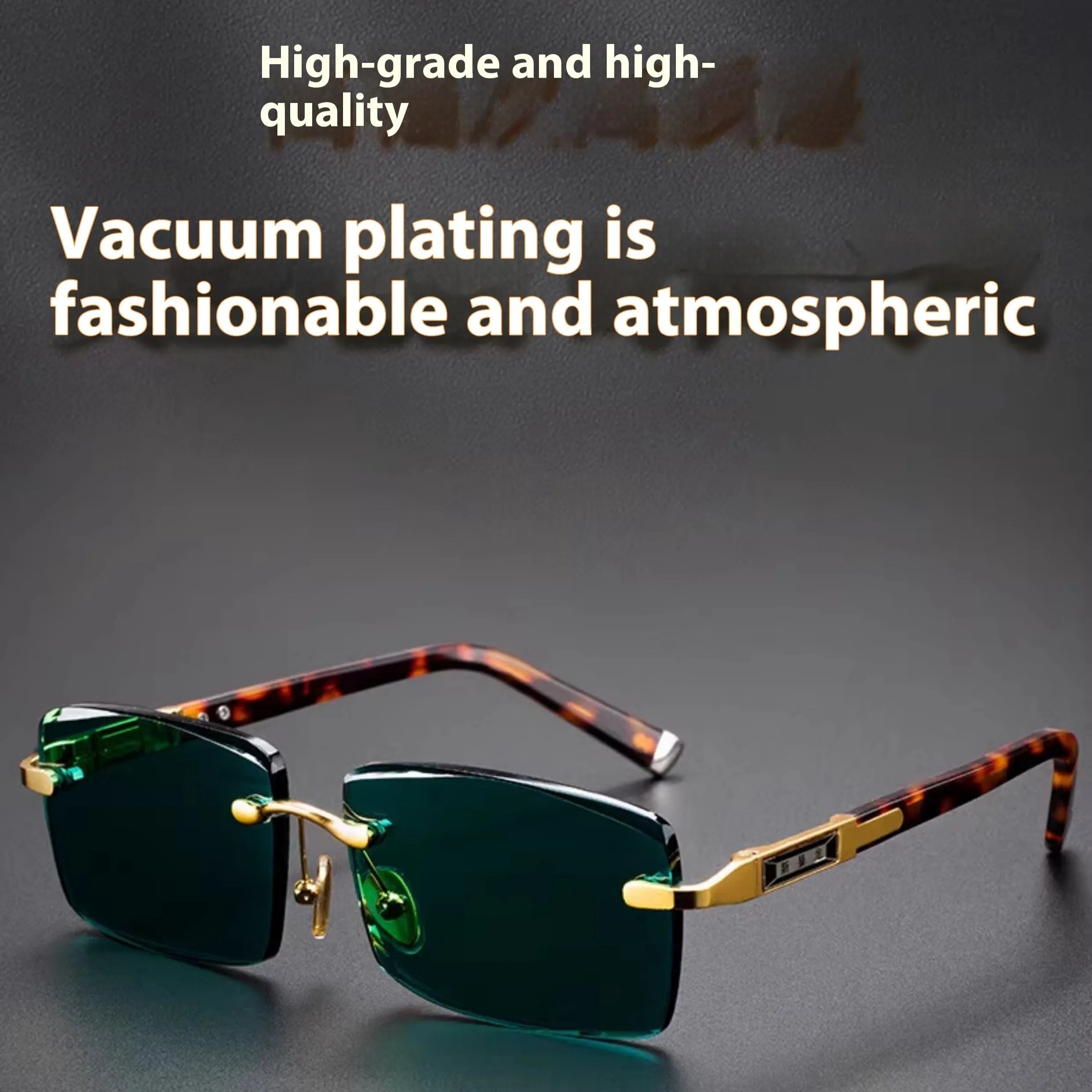 Frameless dark green crystal glasses with case and lens cloth, sunshade eyewear set