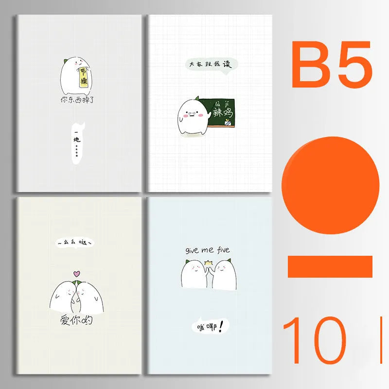 Set of 10 kraft paper notebooks with various hand-painted covers, shown open to display thread binding.