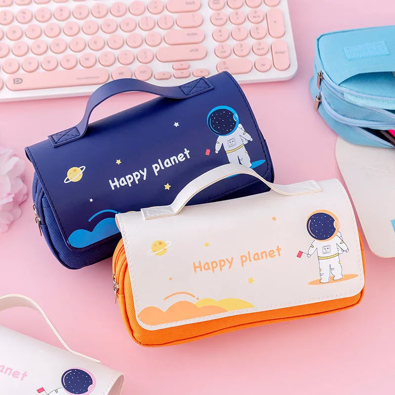 Canvas pencil case 21x10cm with cartoon planet flip design in navy blue, blue, pink or orange.