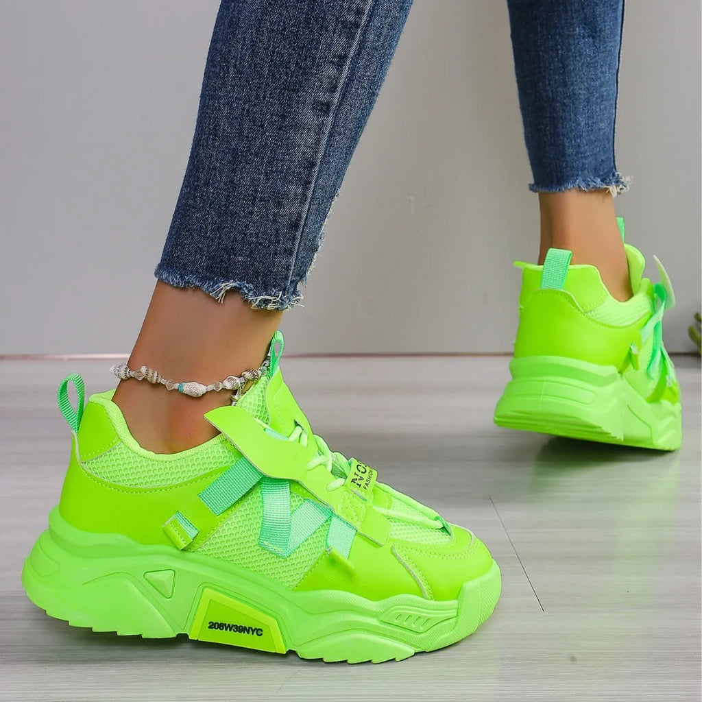 Women's purple platform mesh sports shoes with animal pattern design and lace-up front closure