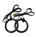 Black nylon gymnastics ring for pull-ups and upside-down fitness exercises weighing 1.5 kg