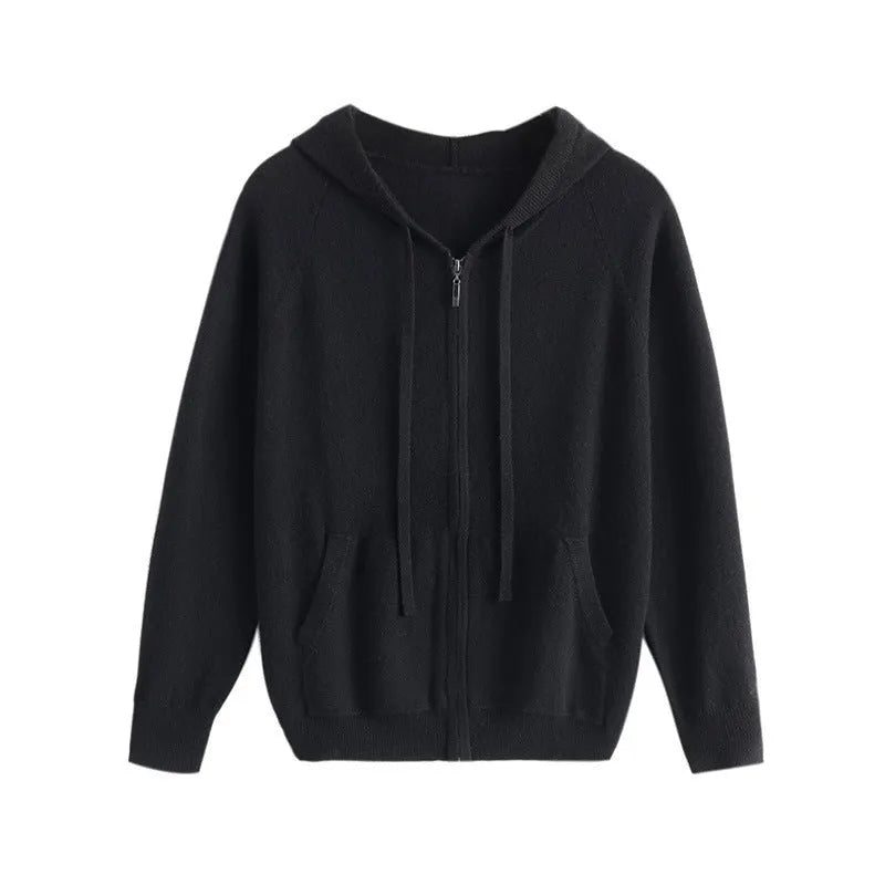 Men's grey hooded cashmere cardigan with full-length zipper showing regular fit design