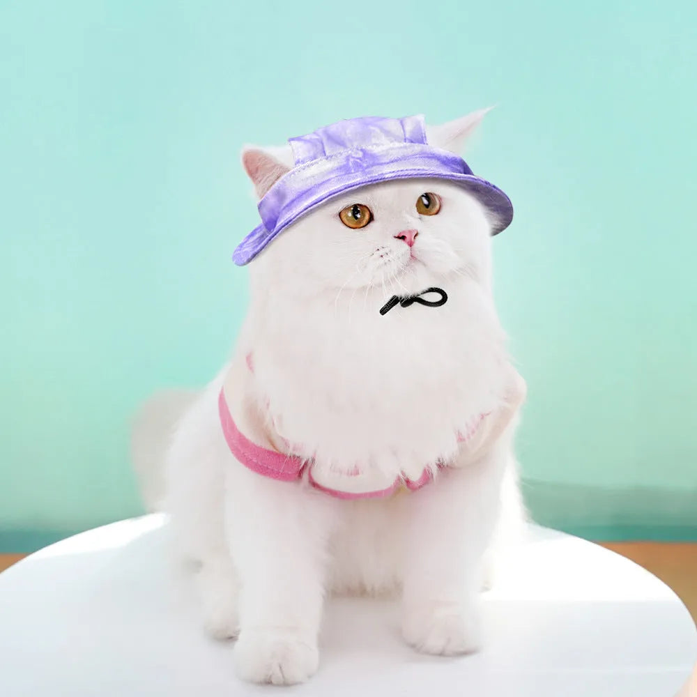 Pet sun hat for dog and cat with adjustable chin strap, polyester bucket style, available in multiple tie-dye colours
