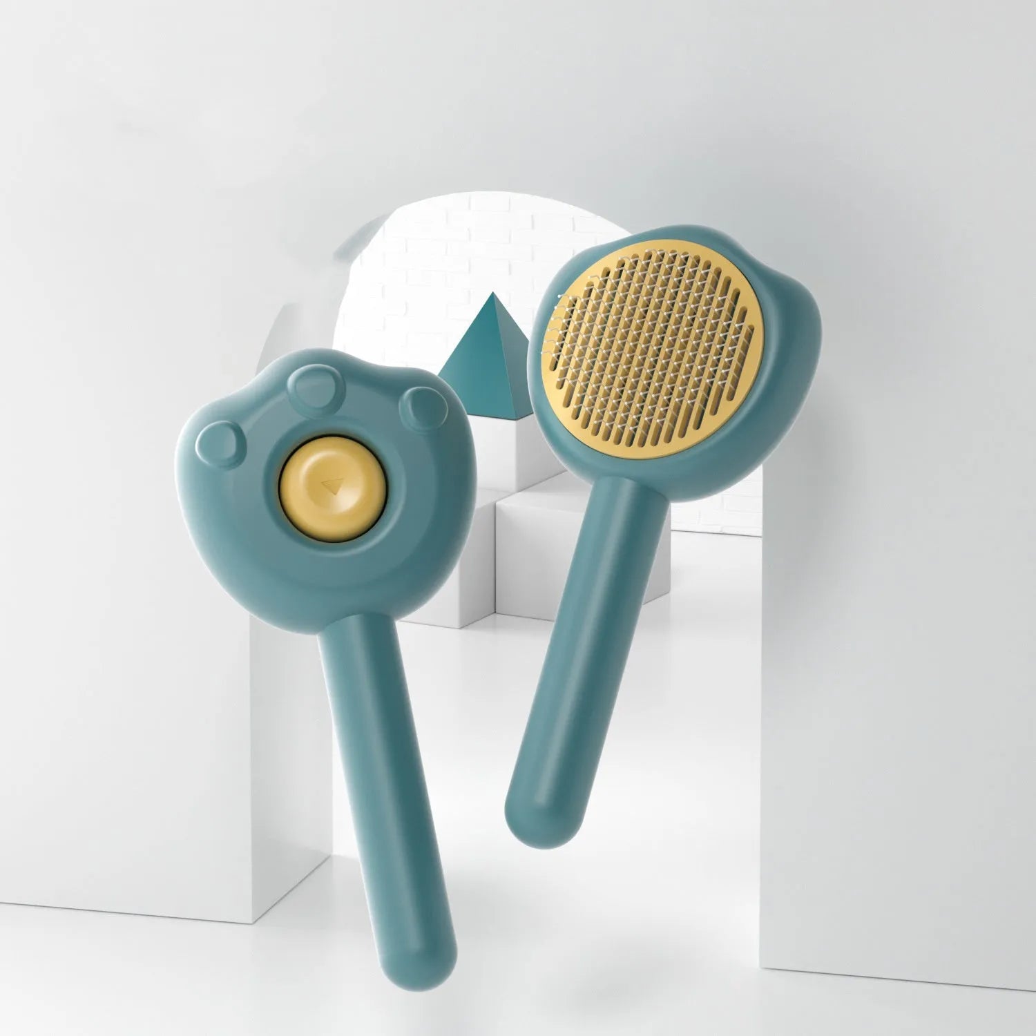 Blue pet grooming comb with self-cleaning needles showing 183mm length measurement
