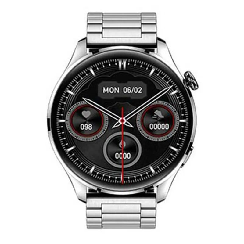 Smartwatch with round colour screen showing access control interface, on a black silicone strap.