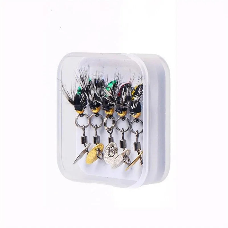 Five multicolour fishing hooks with poisonous mosquito and fly patterns and spinning sequins