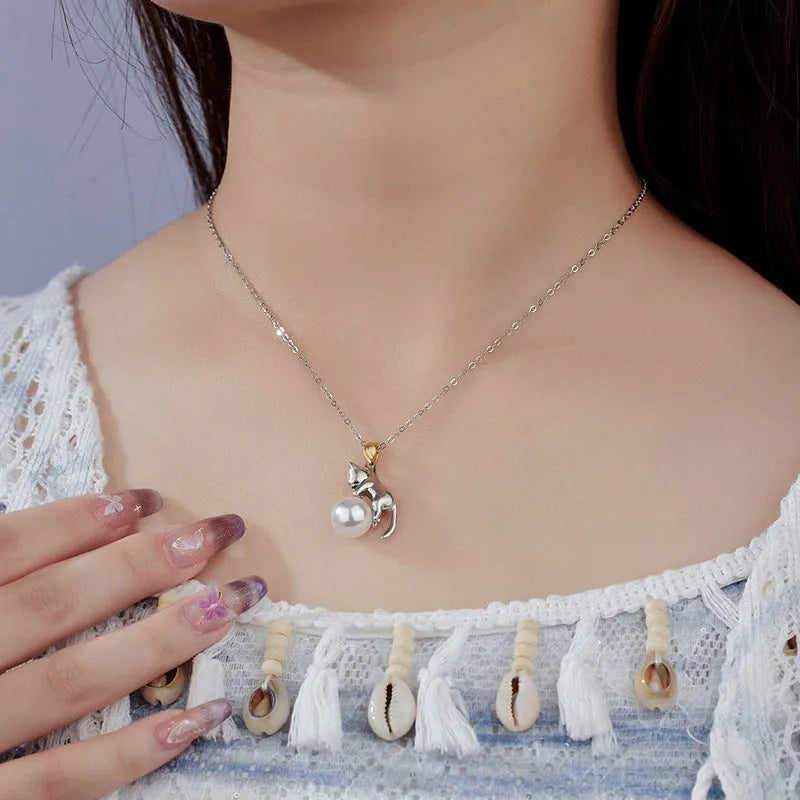 925 sterling silver clavicle chain necklace with cat charm pendant in electroplated finish