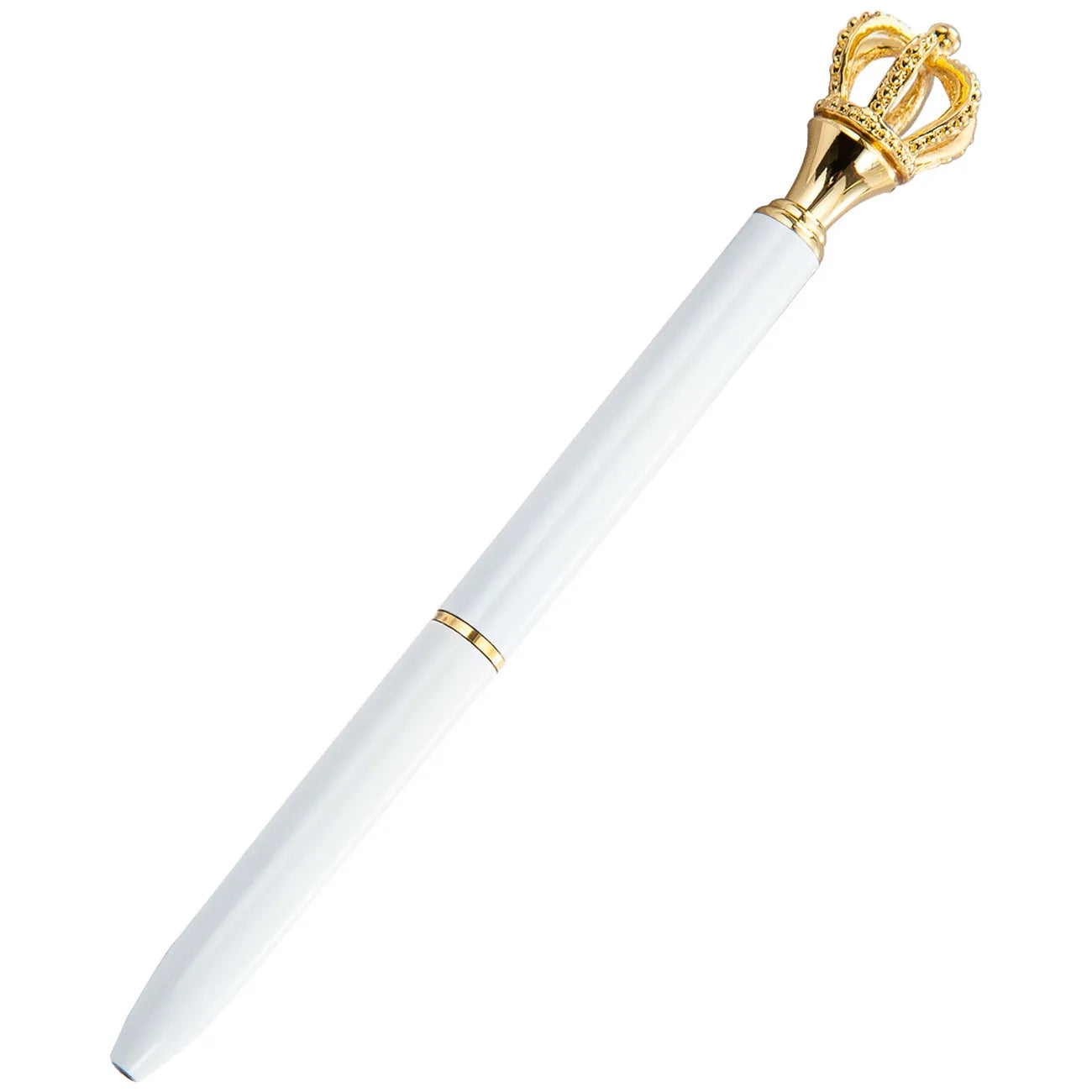 Crown band diamond metal ballpoint pen in gold colour with rotating mechanism on a white background