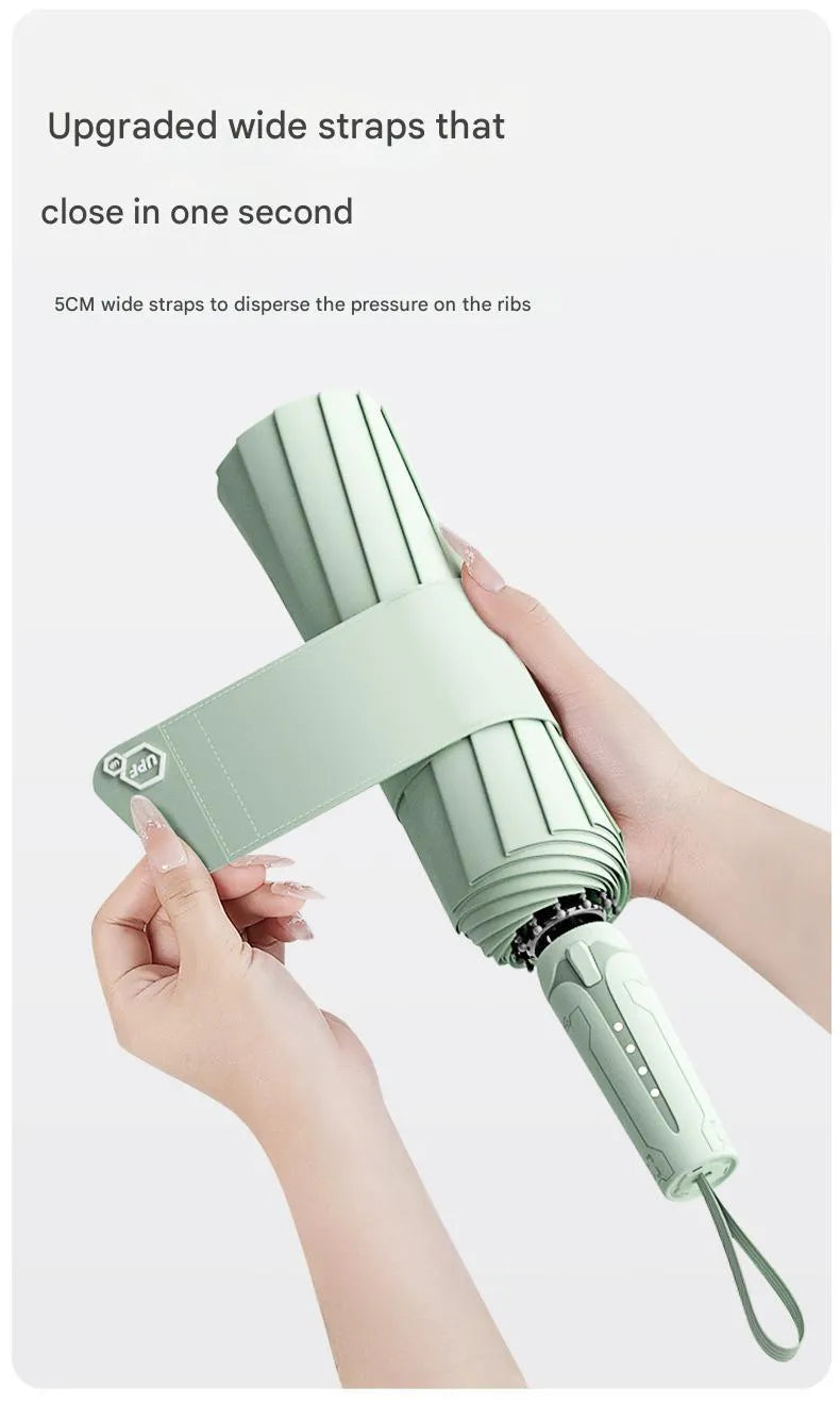 Automatic folding umbrella with oversized thickened canopy for heavy rain and sun protection in black