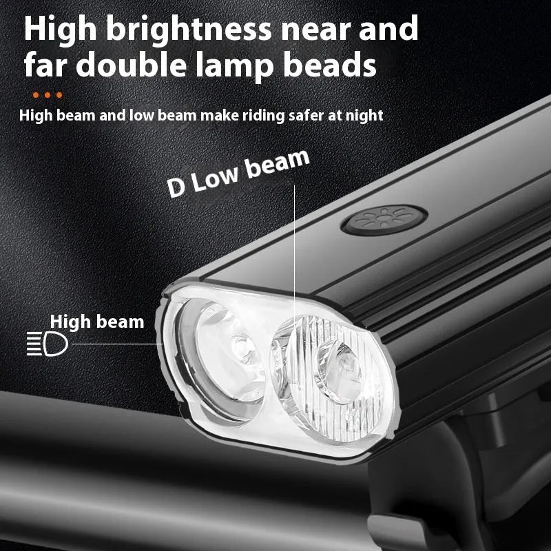 Aluminium bicycle headlight with twin LED bulbs and quick release mount showing USB Type-C charging port