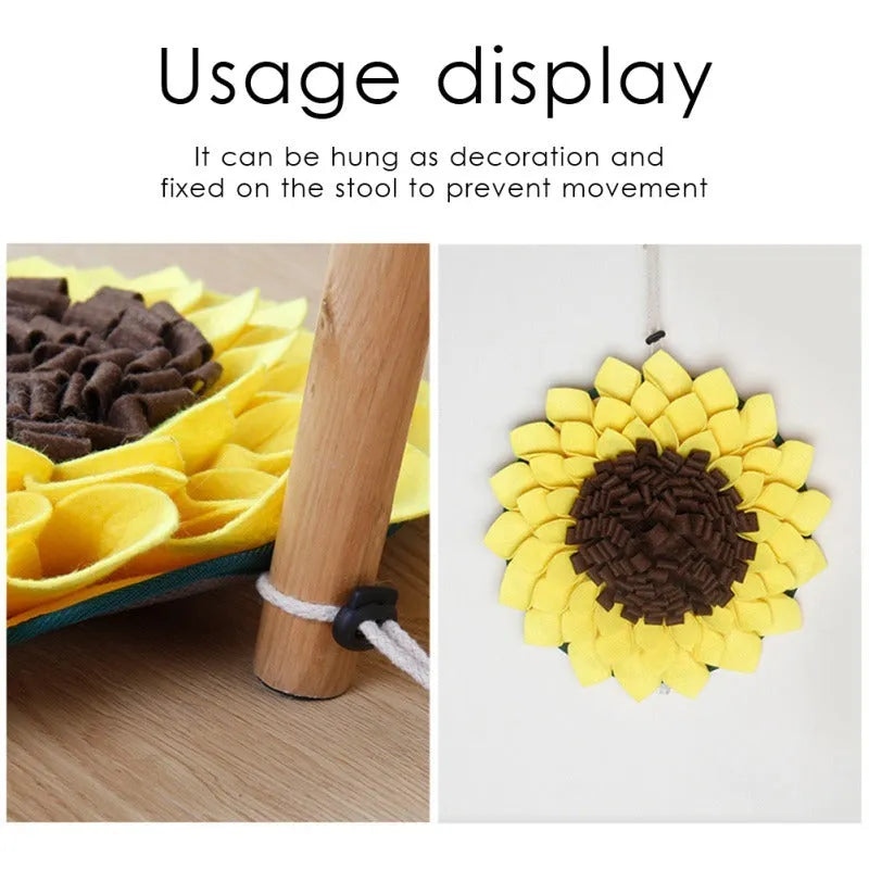 Yellow sunflower-shaped dog snuffle mat for slow feeding and nosework training